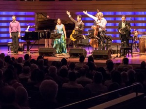 The ensemble from Encuentros: Serouj Kradjian, María Mulata, Grisha Goryachev, Fabio Zanon, Héctor Del Curto, Sarah Thawer. Photo by Trevor Haldenby. 